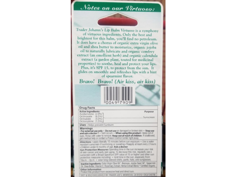 Trader Johann's Lip Balm, Virtuoso, Spearmint, SPF 15, 0.15 oz, Pack Of 3