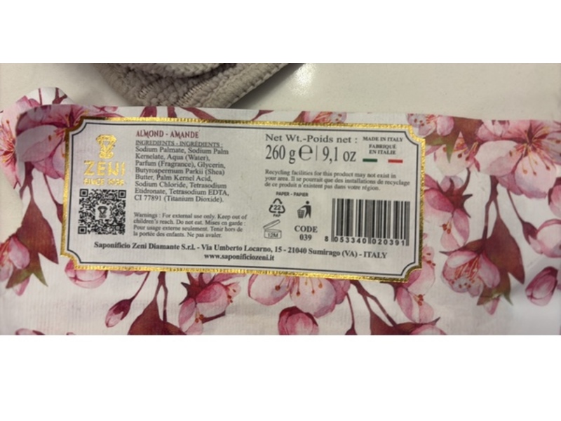 Zeni Fine Triple Milled Vegetable Soap Bar, Almond, 9.1 oz/260 g