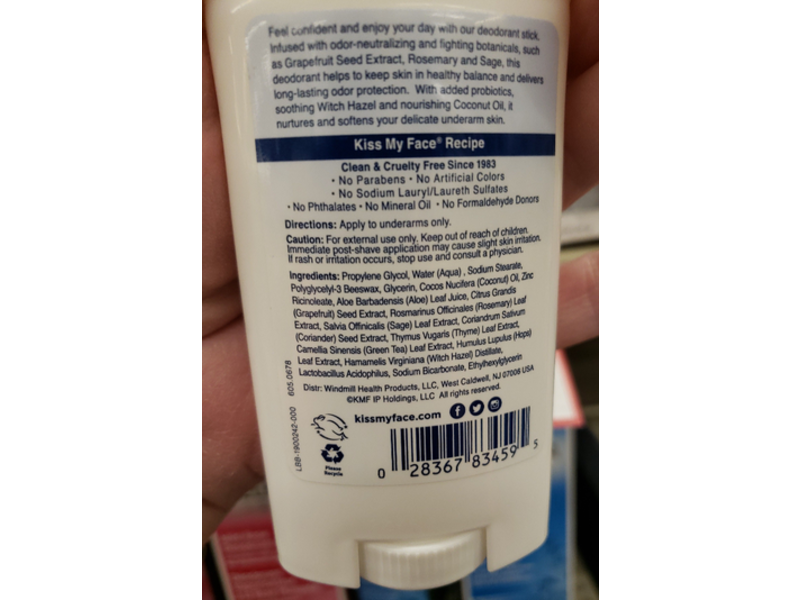 Kiss My Face Active Life Stick Deodorant, Probiotics Coconut Oil, 2.48 oz/70 g