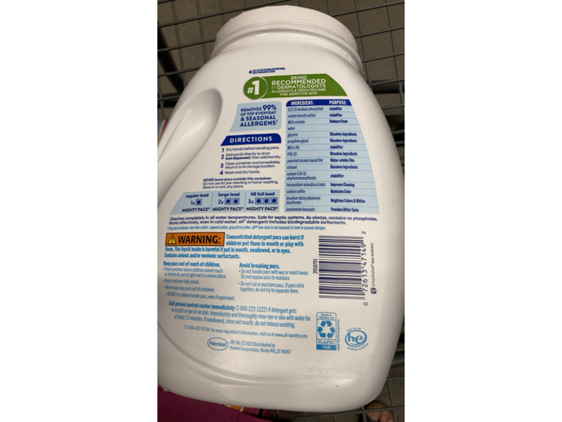 All Free Clear Detergent Mighty PACS, The Original, 88.8 oz/2.51 kg, 134 Count