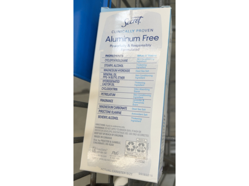 Secret Clinically Proven Aluminum Free Dry Solid Deodorant, Lavender & Chamomile, 2.4 oz/68 g