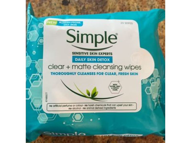 Simple Clear + Matte Cleansing Wipes, Daily Skin Detox, 25 Count