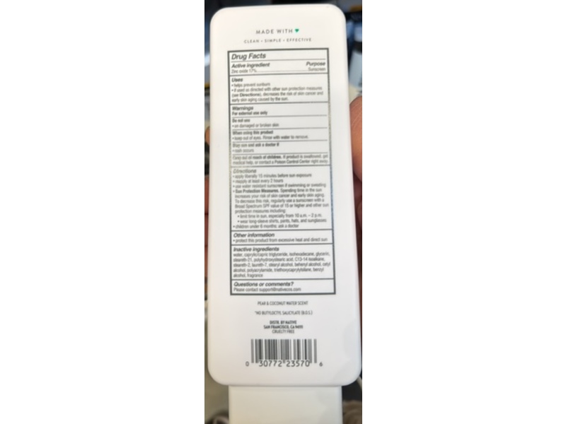 Native Mineral Suncare Sunscreen, SPF 30, Pear & Coconut Water, 7 fl oz/207 mL