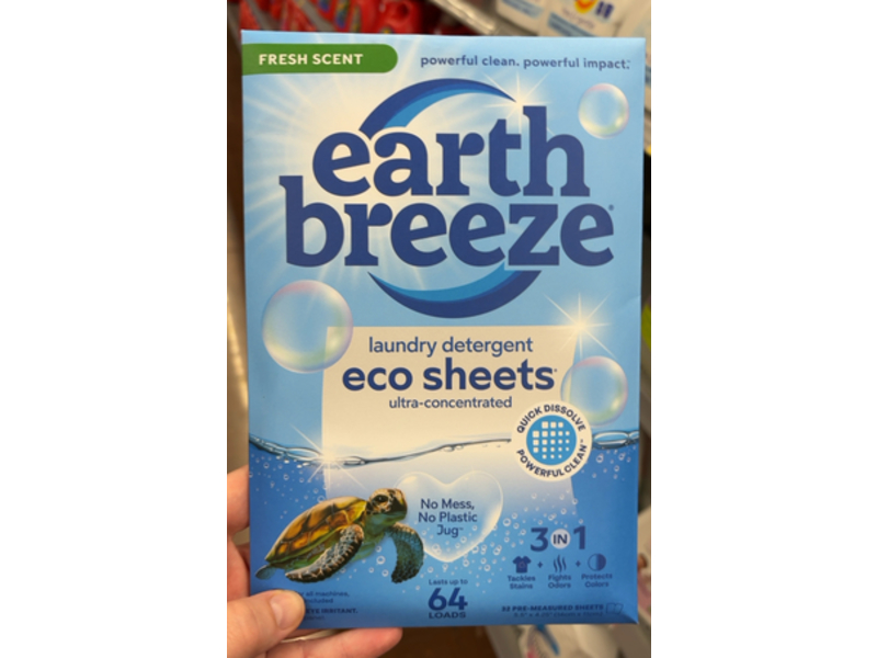 Earth Breeze 3 In 1 Laundry Detergent Sheets, Fresh Scent, 64 Loads
