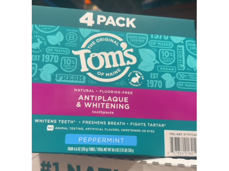 Tom's of Maine Antiplaque & Whitening Toothpaste, Peppermint, 4.6 oz/130 g, Pack Of 4