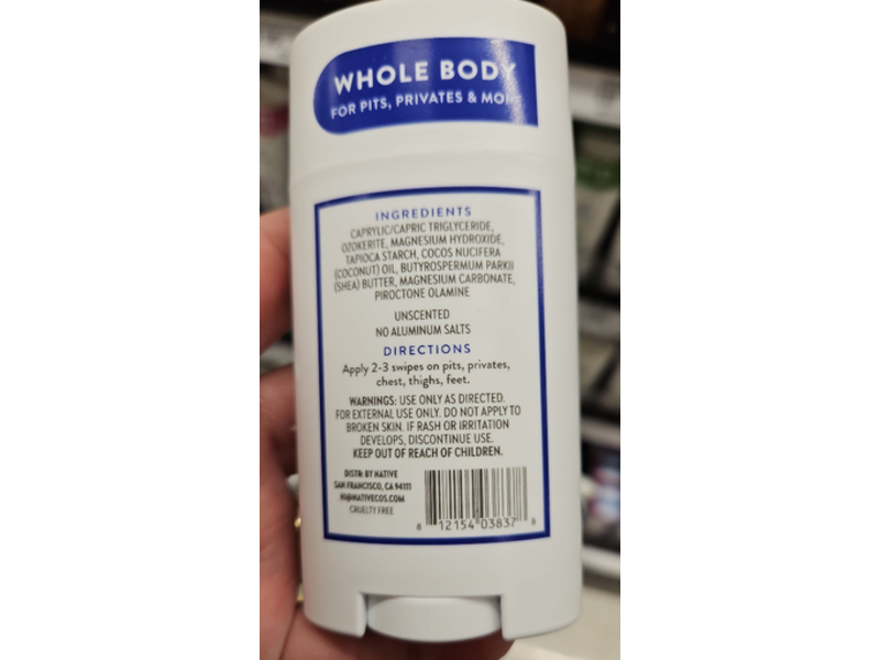Native Whole Body Deodorant, Unscented, 2.3 oz/65 g