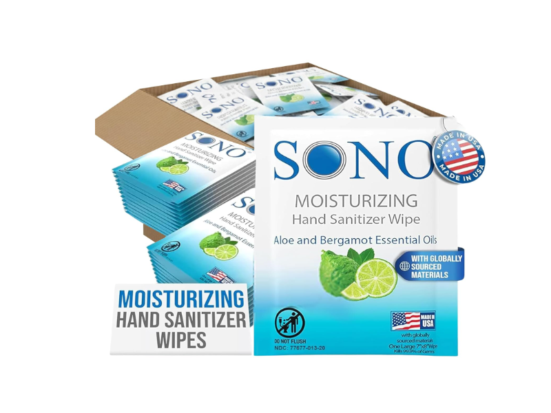 Sono Moisturizing Hand Sanitizer Wipe, Aloe And Bergamot Essential Oils, 25 Count, Pack Of 6