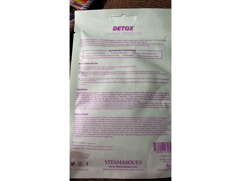 Vitamasques Biodegradable Sheet Mask & Eco-Pouch, Detox Leafy Greens, 0.74 fl oz/21 mL