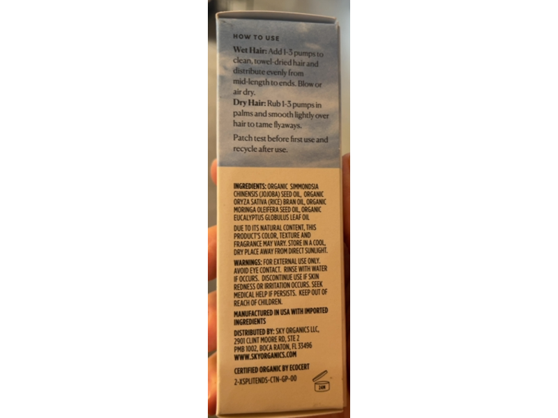 Sky Organics Organic Split End Bonding Oil, Rice Bran & Moringa Oil Blend, 2 fl oz/60 mL