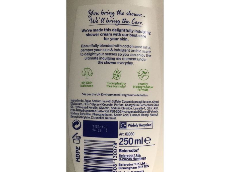 Nivea Caring Shower Cream, Cashmere & Cotton Seed Oil, 250 mL