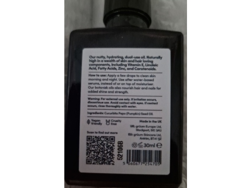 Gruum Hydrate + Protect 100% Natural Oil, Botanical Pumpkin Seed, 30 mL