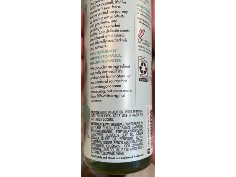 Love Beauty & Planet Beloved Fine Fragrance Body Mist, Green Clay & Eucalyptus, 8 fl oz
