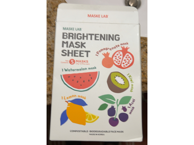 Maske Lab Brightening Mask Sheet Pack Set, Lemon+Pomegranate+Watermelon+Acai &Kiwi, 0.95 oz/27 g