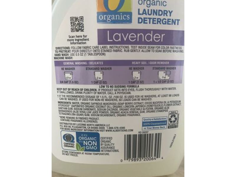 Organics Laundry Detergent, Lavender, 66 Loads, 100 fl oz/2.95L