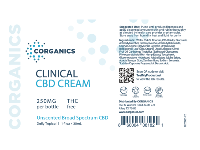 Corganics Clinical CBD Cream, 250 mg, 1 fl oz/30 mL