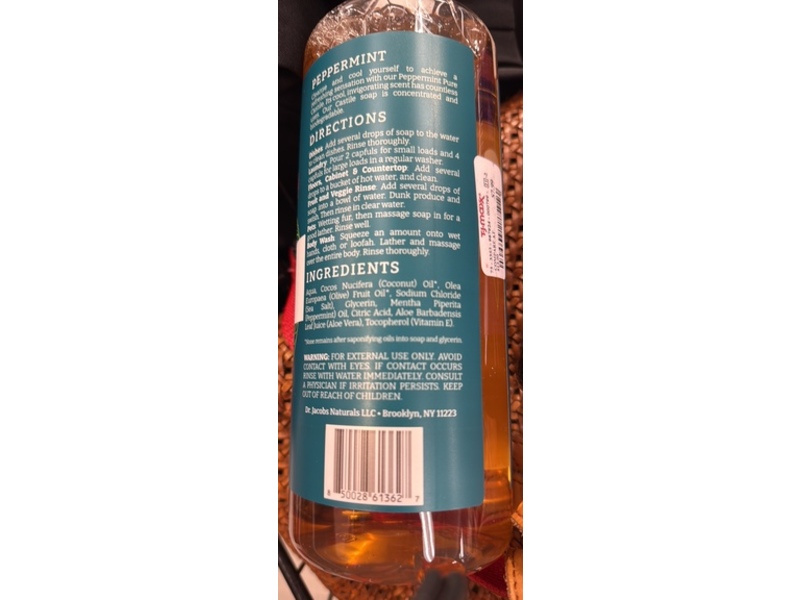 Dr. Jacobs Naturals Plant-Based Pure Castile All In 1 Soap, Peppermint Essential Oil, 32 oz/946 mL