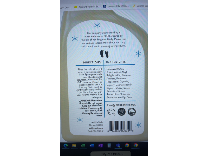 Molly's Suds Natural Laundry Stain Remover, Fragrance Free, 16 fl oz, Pack Of 2