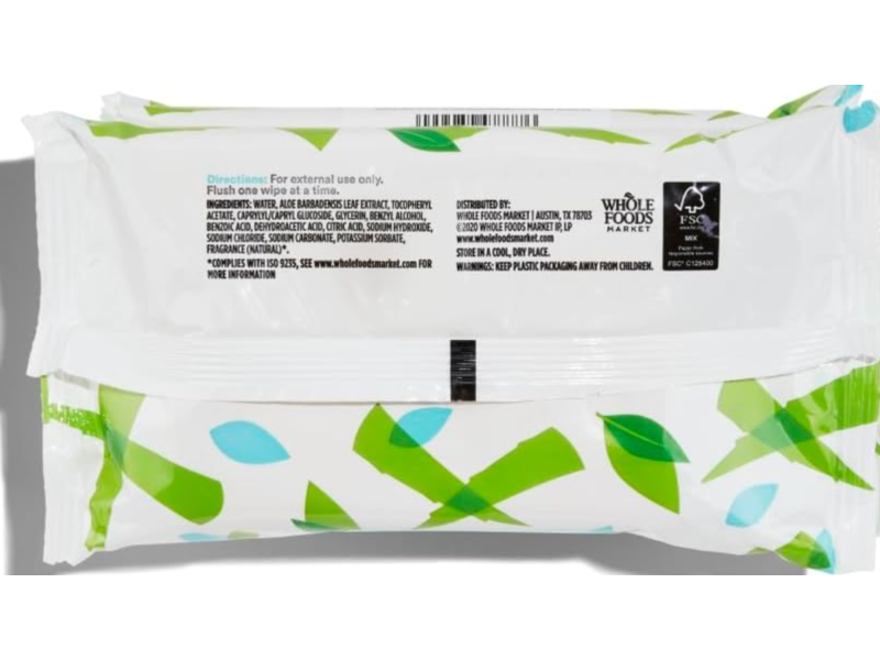 365 Whole Foods Market Plant-Based Flushable Wipes, Aloe & Green Tea, 42 Count, Pack of 3