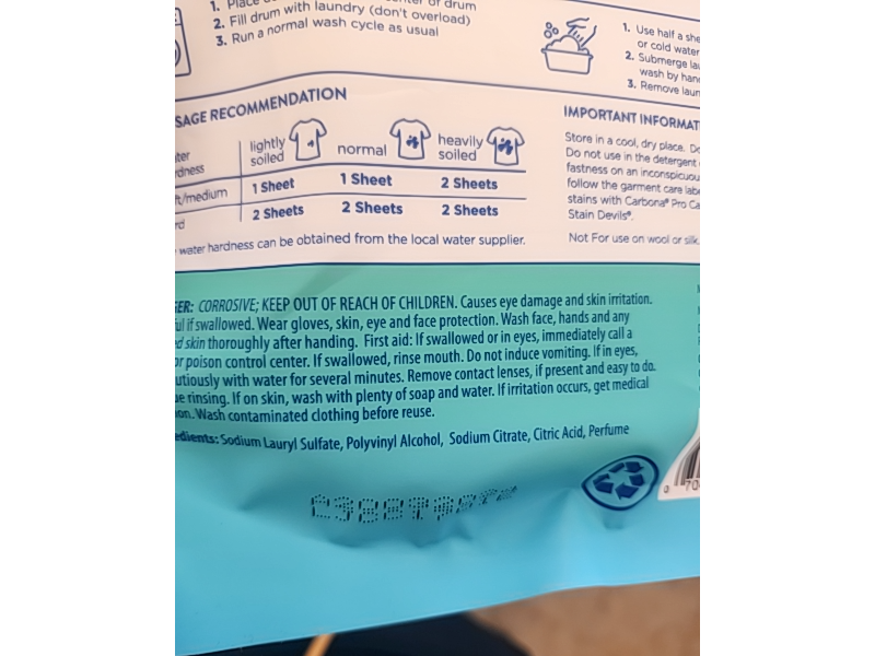 Carbona Laundry Detergent Sheets, Fresh Scent, 3.5 oz/100 g, 25 Count