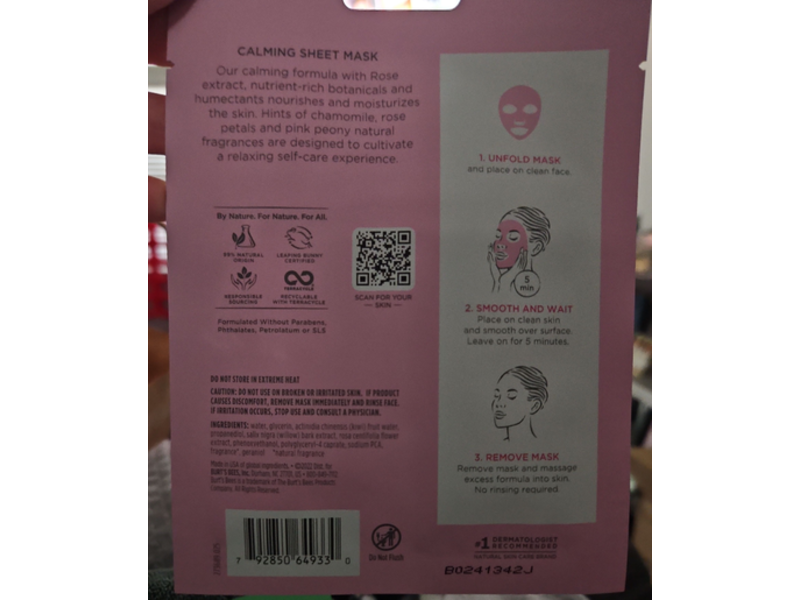 Burt's Bees Calming Sheet Mask, Rose, 0.33 oz/9.35 g