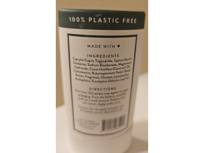 Native Plastic Free Deodorant, Eucalyptus & Mint, 2.65 oz/75 g