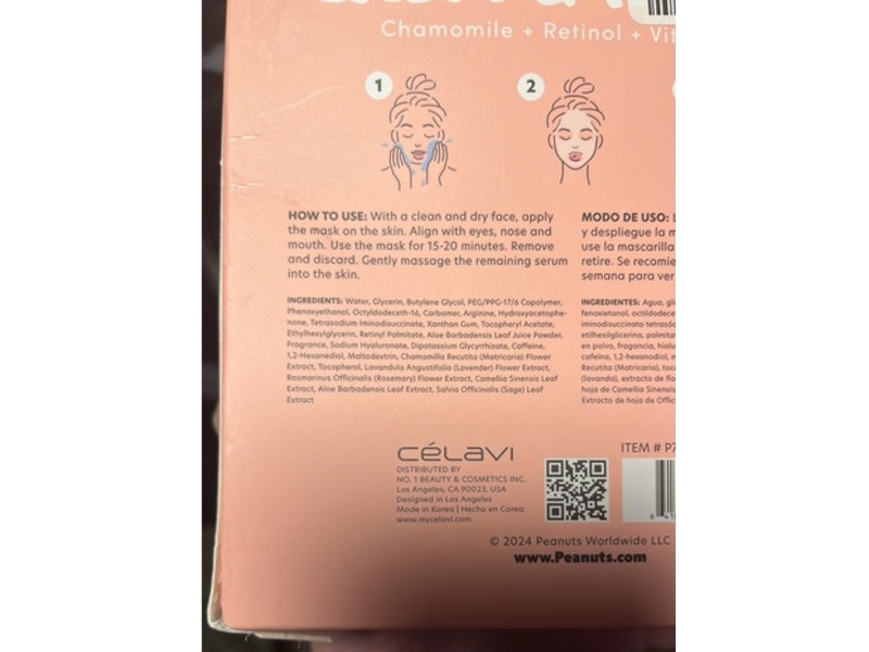Peanuts X Celavi Calm & Relax Sheet Mask, 0.77 oz/23 mL, 5 Count