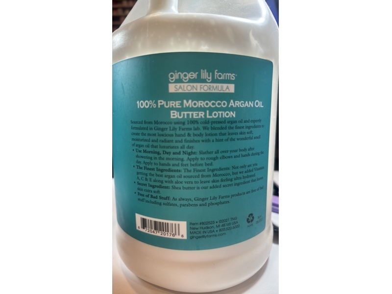 Ginger Lily Farms Salon Formula 100% Pure Morocco Argan Oil Butter Lotion, 128 fl oz/3.78 L