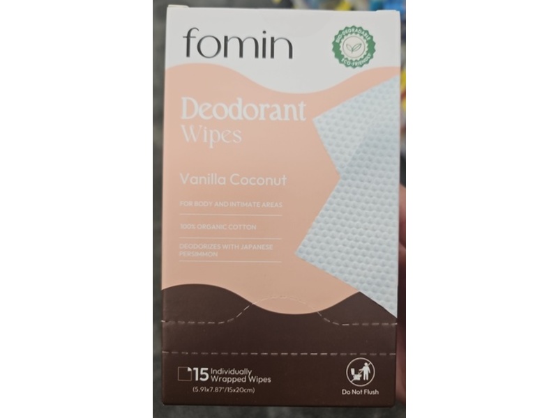 Fomin Deodorant Wipes, Vanilla Coconut, 5.64 oz/160 g, 15 Count