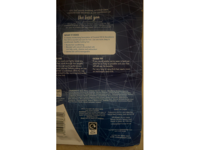 Leo Bancroft Conditioning Overnight Hair Mask, Creamy Coconut & Macadamia Nut, 1 fl oz/30 mL