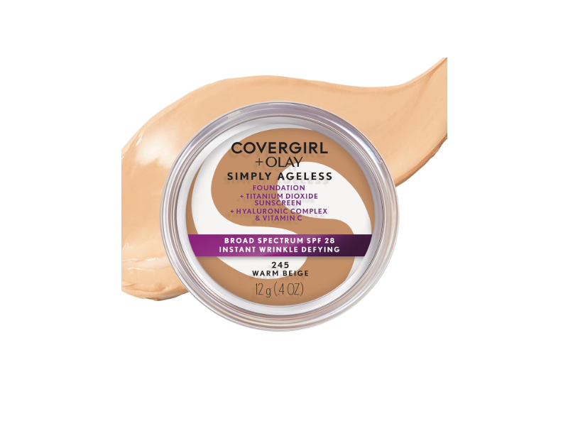 CoverGirl + Olay Simply Ageless Instant Wrinkle Defying Foundation, SPF 28, 245 Warm Beige, 0.4 oz/12 g