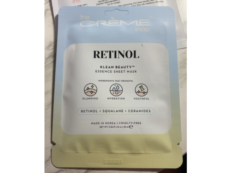 Klean Beauty Essence Retinol Sheet Mask, Retinol + Squalane + Ceramides, 0.84 fl oz/25 mL, Pack Of 5