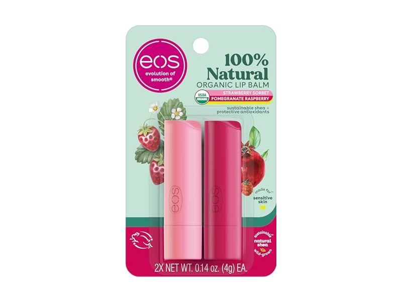 Ecos Natural Organi Lip Balm Duo, Strawberry Sorbet & Pomegranate Raspberry, 0.14 fl oz/4 g