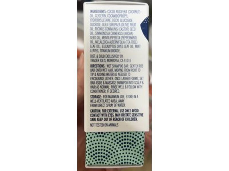 Trader Joe's Shampoo Bar, Peppermint & Tea Tree, Coconut, Olive And Jojoba Oils, 4 oz/113 g