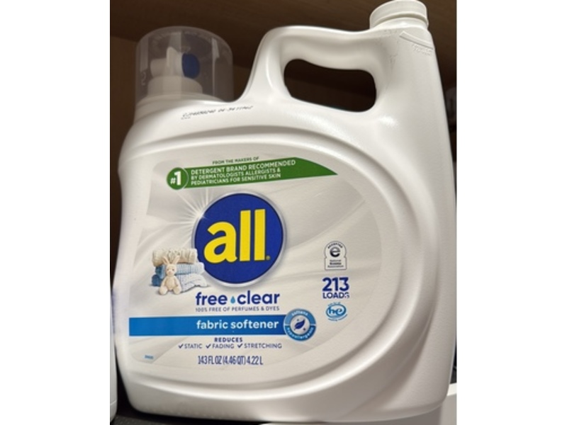 All Liquid Fabric Softener, Free & Clear, 213 Loads, 143 fl oz/4.22 L