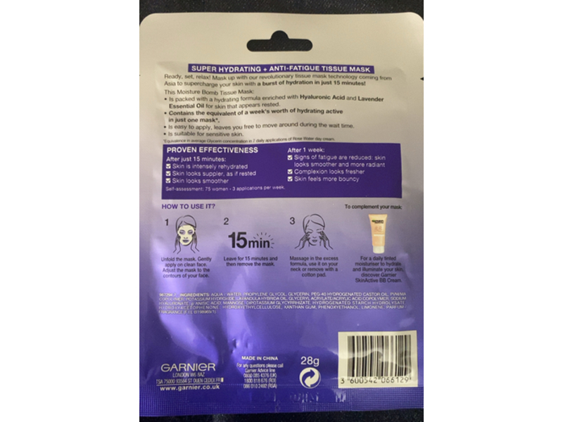 Garnier Skinactive Moisture Bomb Tissue Mask, Lavender + Hyaluronic Acid, 28 g, 1 Count