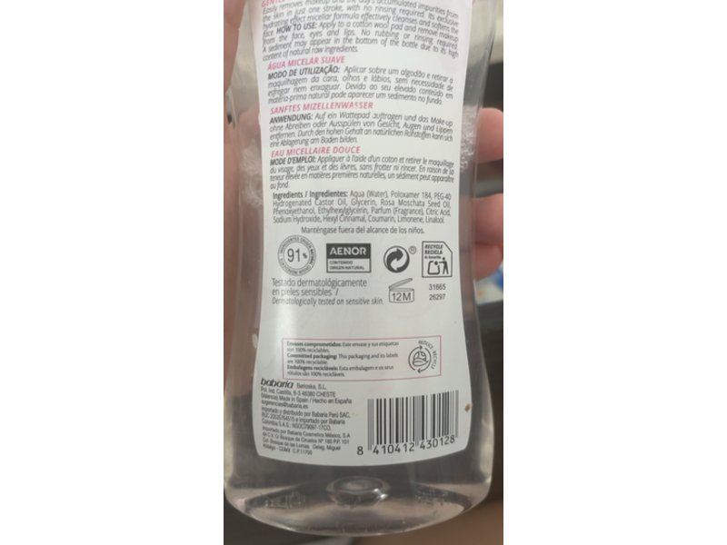 Babaria Gentle Micellar Water, Rose Mosqueta, 13.5 fl oz/400 mL