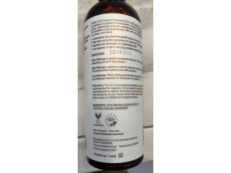 Pura d'or Carrier Oil, Organic Grapeseed Oil, 16 fl oz/473 mL