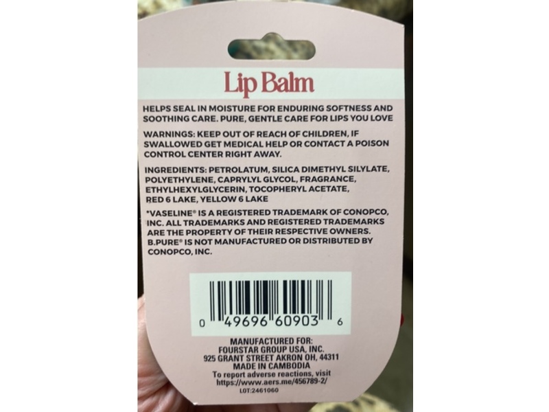 B.pure Lip Balm, Blushing Rose Scented, Moisturizing, 0.25 oz/7 g, Pack Of 2