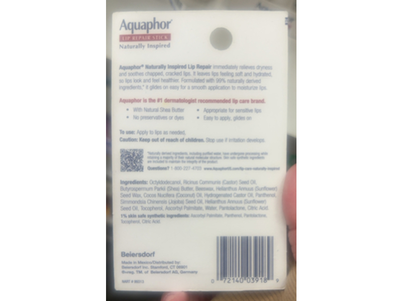 Aquaphor Lip Repair Stick, Coconut Oil, 0.17 oz/4.8 g, Pack Of 2