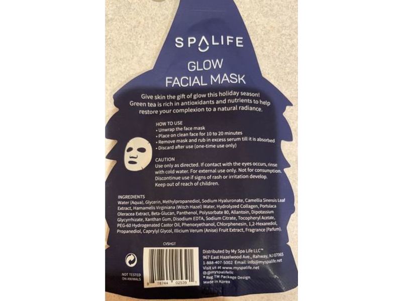 SpaLife Glow Facial Mask, Green Tea Infused, 0.31 oz/23 g