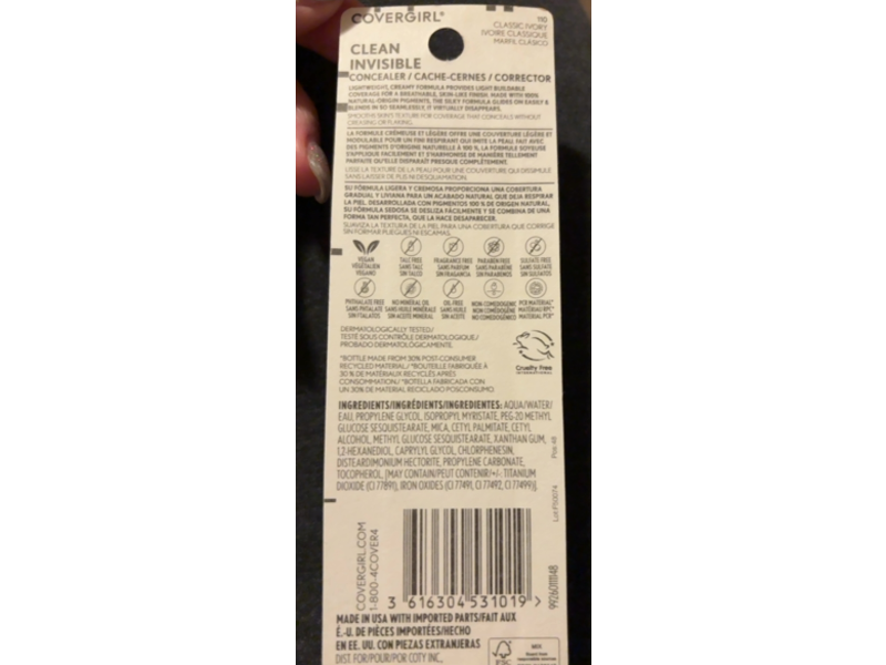 Covergirl Clean Invisible Concealer, 110 Classic Ivory, 0.23 fl oz/7 mL
