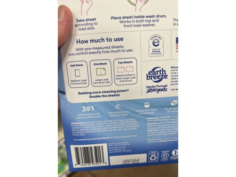 Earth Breeze Laundry Detergent Sheets, Fragrance Free, 22 Sheets, 44 Loads