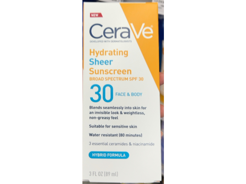 CeraVe Hydrating Sheer Sunscreen, SPF 30, 3 fl oz/89 mL