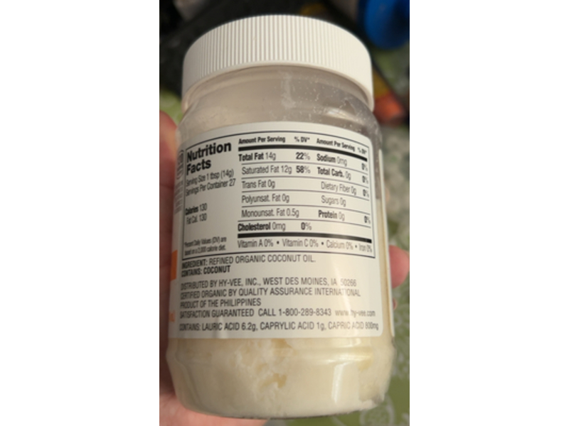 Hyvee Organic Refined Coconut Oil, 14 fl oz/414 mL