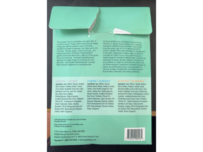 Patchology Flash Masque Trio Facial Sheets, Exfoliate, Hydrate, Illuminate, 3 Count