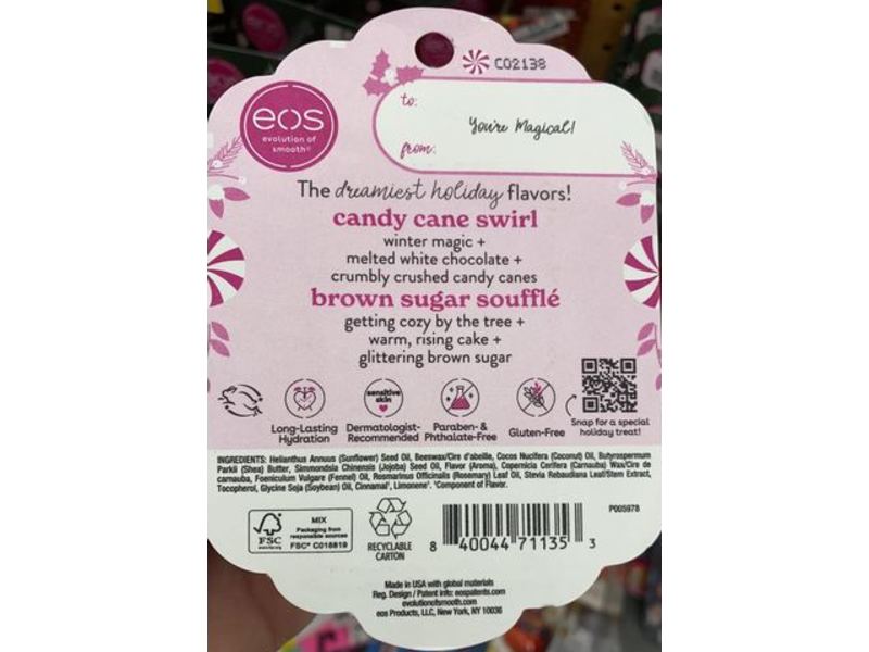 EOS Lip Balm Sticks, Candy Cane Swirl & Brown Sugar Souffle, 0.14 oz/4 g