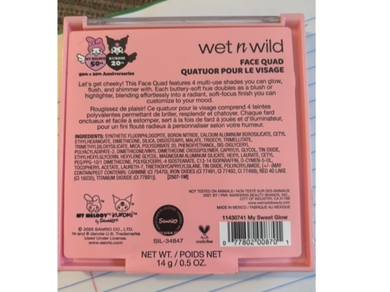 Wet N Wild My Melody & Kuromi Face Quad, My Sweet Glow, 0.5 oz/14 g