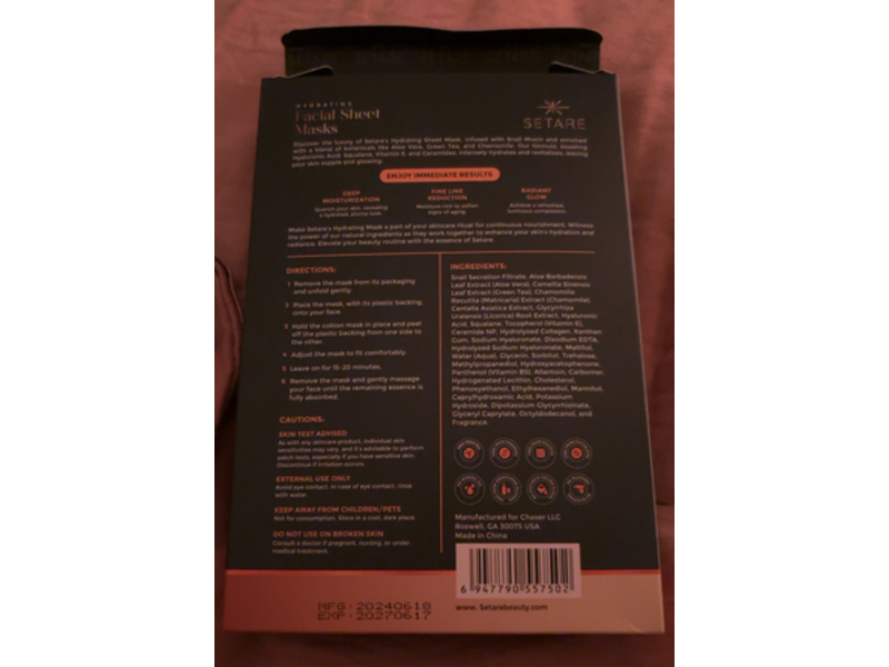 Setare Hydrating Facial Sheet Masks, Snail Mucin, 0.88 fl oz/25 mL, 8 Count