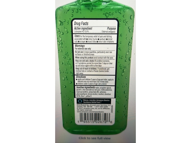Amazon Basics Sunburn Relief Gel, Aloe Vera & Lidocaine, 8 oz/226 g
