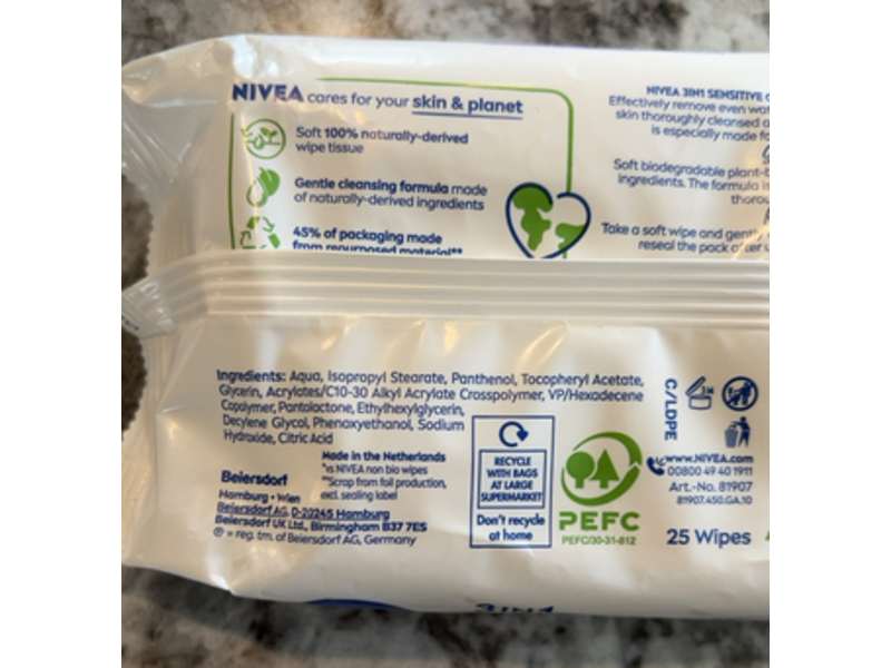 Nivea 3 In 1 Sensitive Cleansing Wipes, 25 Count